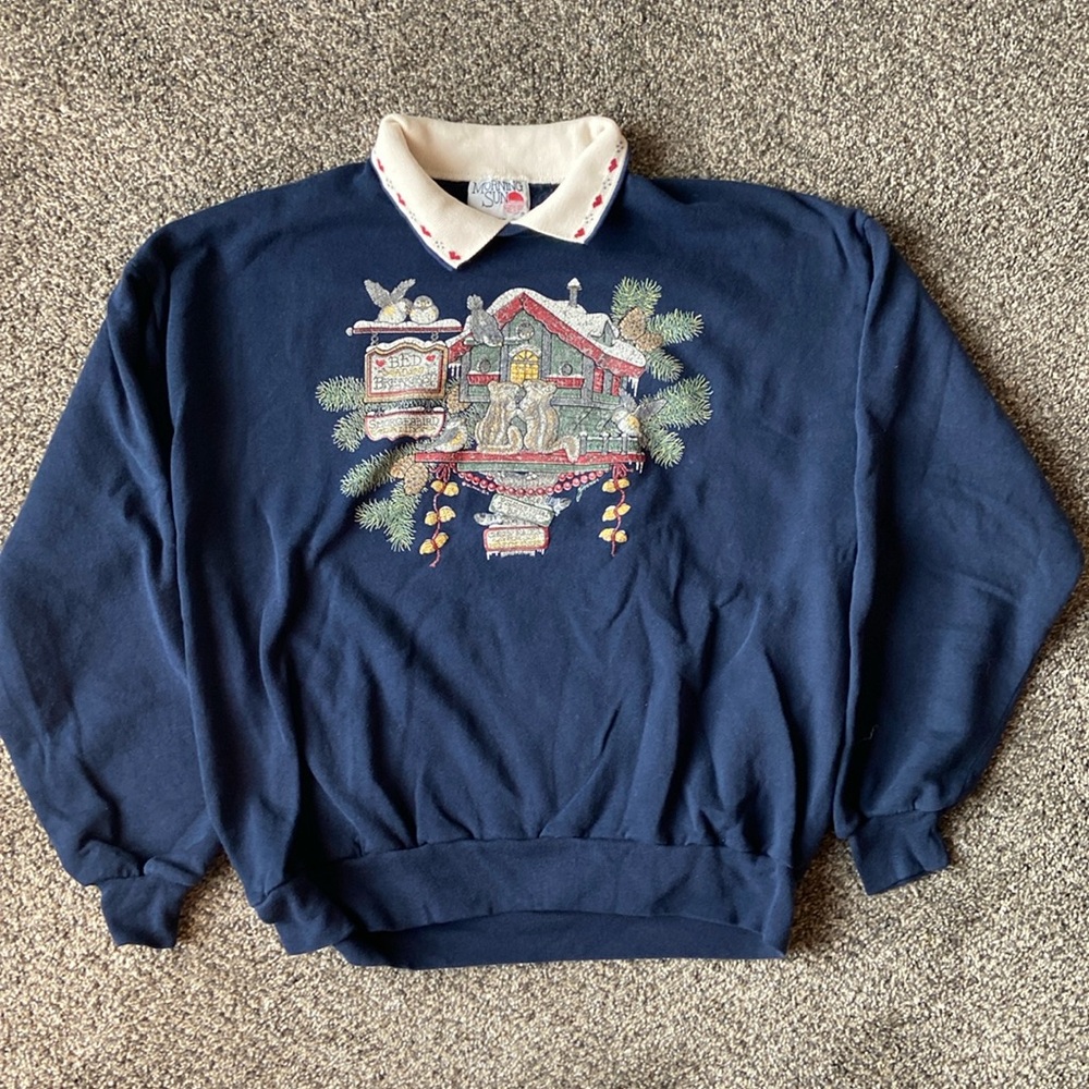 Morning sun vintage grandma sweater . With heart neck accents